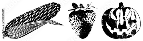 Halloween jack o lantern with carved face, ripe strawberry with seeds, corn cob with husk, black and white halftone vector, isolated food and seasonal symbols.