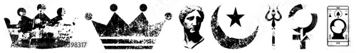 Vintage style symbolic including grunge crowns, classical bust, moon, star, trident, gender symbols, and tarot card, distressed, graphic design elements.