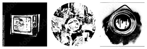 Retro TV set displaying snowy static, analog broadcast, old school, vintage electronics, black and white halftone rendering.