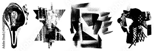 Four stylized abstract compositions using halftone textures and angular shapes, graphic design, modern art, vector illustration, fragmented forms.