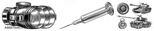 Classic medical syringe with, military tank treads, gear wheel, and artillery, rendered in retro art, mechanical precision, isolated elements.