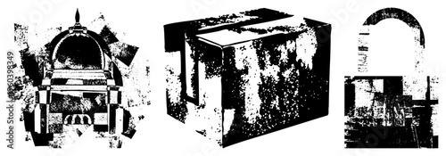 Vector illustration of three distinct geometric shapes rendered in halftone texture, isolated on transparent background, stylized as architectural fragments or abstract sculptures.