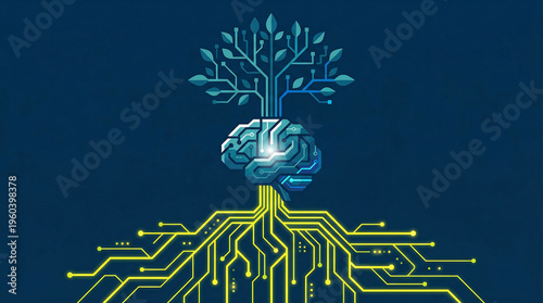 The profound synergy of human intelligence and technological advancement, depicted as a glowing brain nurturing a vibrant digital tree rooted in circuits, symbolizing growth and innovation