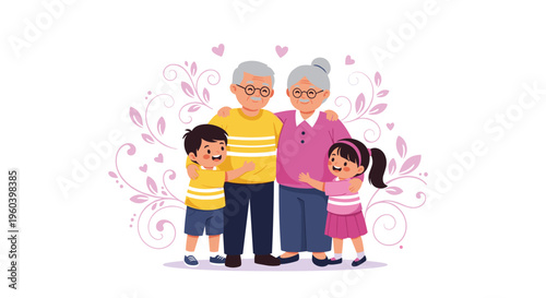 Heartwarming illustration of happy grandparents embracing their two young grandchildren in a decorative floral frame.