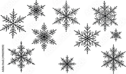 Snowflake silhouettes with intricate fractal patterns, winter vector illustration symbolizing individuality, symmetry, and creative seasonal design projects