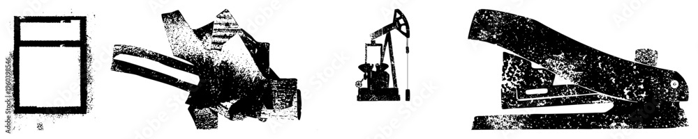 Obraz premium Halftone vector window, gear, pumpjack, stapler. Grainy texture. Perfect for retro tech or industrial design.