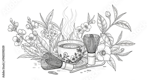 Matcha Tea Ceremony Set with Blooming Cherry Blossoms and Green Leaves