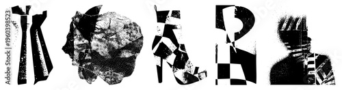 Stylized fragmented letters composed of geometric shapes and halftone textures, modern graphic design elements, vector art, abstract typography.