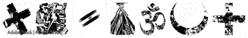 Collection of stylized symbols including, lightning, equals, teepee, om,, and plus, rendered in distressed halftone texture, graphic design elements, spiritual and mathematical motifs.