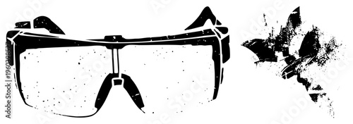 Protective eyewear with rugged frame, splatter effect overlay, industrial safety gear, hazard protection, stylized vector design.