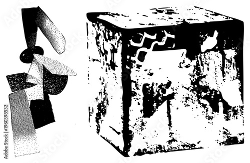 Abstract art piece with halftone shading, geometric shapes, cubist forms, vector design, artistic composition.