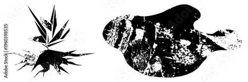 Bold black and white grunge textures with ink splatters and streaks perfect for or design. Also called distressed motifs or urban decay textures.