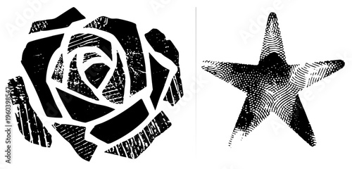 Stylized rose and starfish vector with distressed halftone shading, graphic design elements, silhouette art, isolated symbols for branding or print.