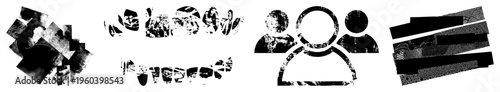 Graphic symbols with weathered textures, fragmented shapes, user profile, digital glitch art, design elements.