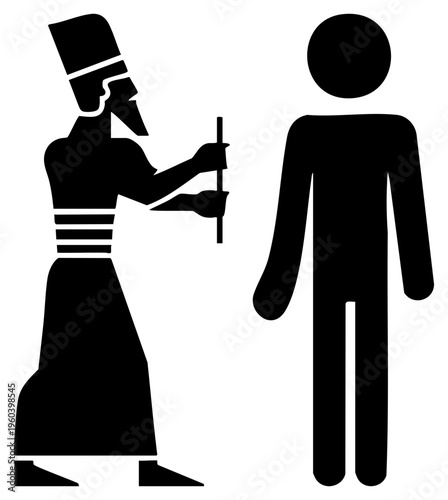 Silhouette of priestly scribe writing on tablet for devotee, ancient Mesopotamian ritual, stylus and clay tablet, religious ceremony, sacred inscription.