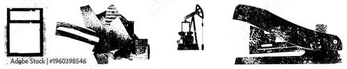Halftone vector window, gear, pumpjack, stapler. Grainy texture. Perfect for retro tech or industrial design.