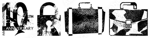 Commemorative 10th anniversary logo with lock, briefcase, and stylized text, halftone texture, milestone branding, corporate.
