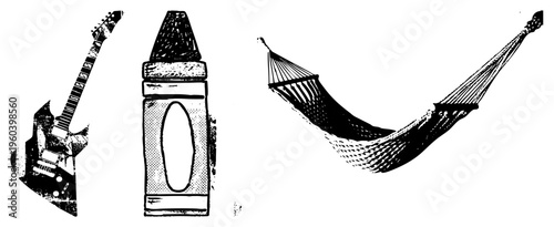 Hand drawn black and white vector of electric guitar, crayon, and hammock, isolated graphic elements with halftone textures, stylized for design projects or creative assets.