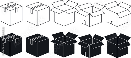  Black silhouette vector illustration of box icons in open and closed states, packaging artwork, storage design element, container symbol