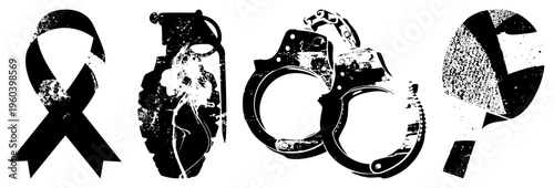 Distressed black vector ribbon, grenade, cuffs, question mark. Grunge texture,. For protest, uncertainty, law, awareness campaigns.