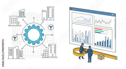 Integrated business system showing a central gear connected to city buildings and professionals analyzing data on a large dashboard.