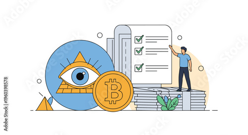 Financial concept illustration featuring a businessman on stacks of cash next to a large bitcoin coin and an all-seeing eye pyramid.
