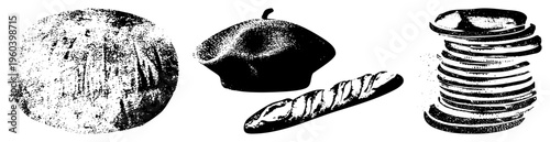 Classic halftone print style depicting bread loaf, beret hat, and stacked plates, graphic, retro kitchen or café.