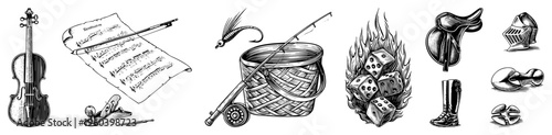 Violin, flute, sheet music, woodworking plane, fishing gear, dice in flames, equestrian saddle, knight’s helmet, riding boots, and mallet classic rendered in detailed art.