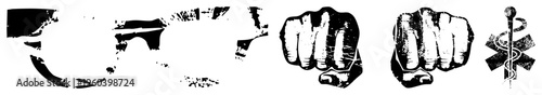 Graphic featuring clenched fists and medical emblem, bold stencil style,, isolated symbols for design use.