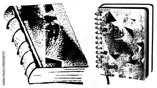 Stylized books with halftone textures and geometric shapes, one standing upright, one angled, both with spiral bindings and abstract cover art.