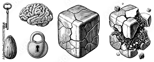 Set of symbolic vector including key, brain, padlock, cracked stone cube, and broken rock with vegetation representing knowledge, security, mystery, and revelation. engraved style.