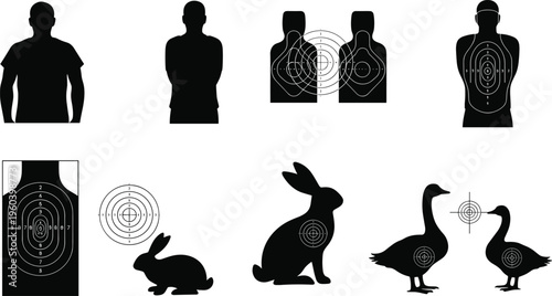 Shooting target silhouettes set with human torso shapes, animal targets, and bullseye marks for training practice and marksmanship conceptShooting target silhouettes set with human torso shapes, anima