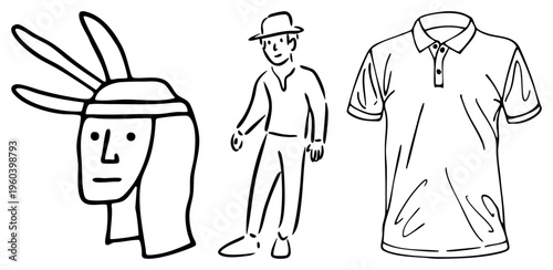 Vector sketch of bunny eared char, fedora man, shirt. Black strokes, transparent bg. Cartoonish, stylized aesthetic.