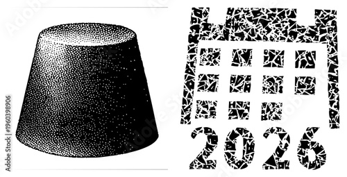 Vector calendar with fragmented halftone style, 2026 year display, conical frustum shape, dotted shading, graphic design element, isolated foreground.