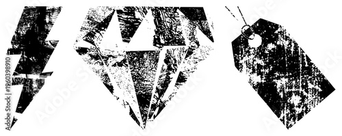 Textured vector featuring lightning bolt, faceted diamond, and price tag with chain gritty, distressed,, graphic design elements.