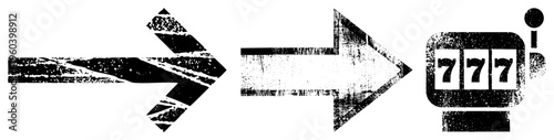 Distressed black arrows pointing right toward vintage slot machine with three sevens, grunge texture, vector graphic, gambling, luck symbol, casino theme.