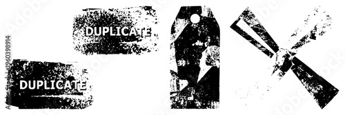 Worn out duplicate labels with bold text, distressed ink effect, warning stickers, tag shapes, graphic design elements, print assets.