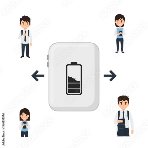 Business professionals connecting to a portable power bank for charging their devices