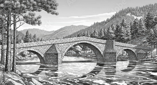 Historic Stone Bridge Over Raging River in Lush Forest Landscape