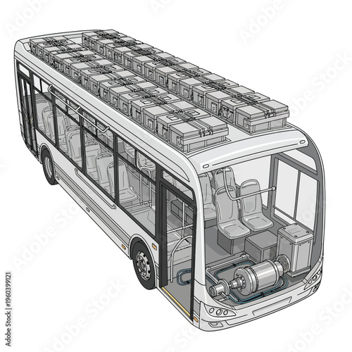 Comprehensive schematic diagram of an electric bus featuring roof-mounted battery modules and an eco-friendly electric propulsion system for clean public transportation solutions