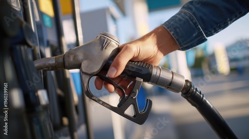 Close up of a hand filling up a car with fuel at a petrol station.