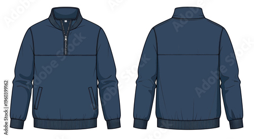 Front and back view of a dark blue quarter zip pullover jacket