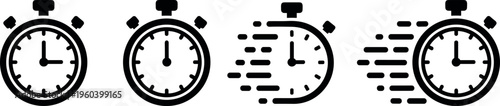 Black silhouette vector illustration of stopwatch icons with motion blur effects, symbolizing speed, urgency, acceleration, time management, and deadlines