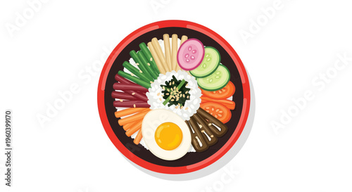 Korean Bibimbap Bowl Illustration with Rice, Egg, Vegetables, and Meat
