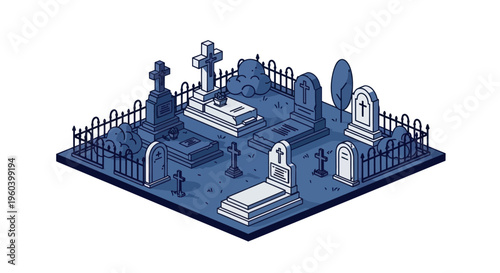 Pixel Art Cemetery Isometric View: Gravestones, Crosses, and Fences
