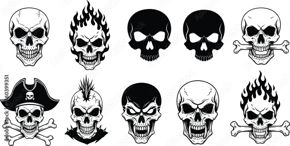 Fototapeta premium Skull character vector set featuring pirate skulls with hats mohawk skull flaming skulls and aggressive silhouettes for heavy metal t-shirt designs and edgy branding