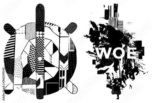 Graphic composition of fragmented geometric shapes with halftone fills and distressed urban typography spelling "WOE", minimalist vector art, high contrast design.