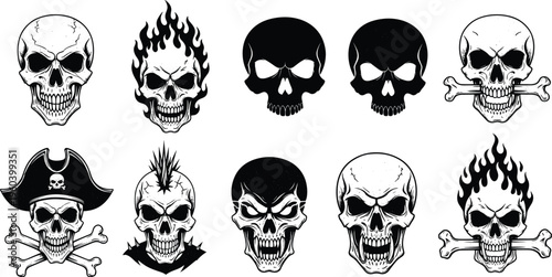 Skull character vector set featuring pirate skulls with hats mohawk skull flaming skulls and aggressive silhouettes for heavy metal t-shirt designs and edgy branding