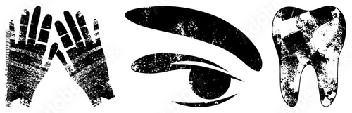 Stylized hands, eye, and tooth in with distressed texture, graphic symbols, vector, medical or spiritual themes, isolated elements.