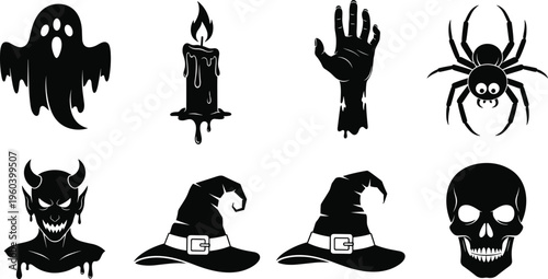 Spooky Halloween icons set featuring black silhouettes of ghosts candles zombie hands spiders devil heads witch hats and skulls for gothic horror designs